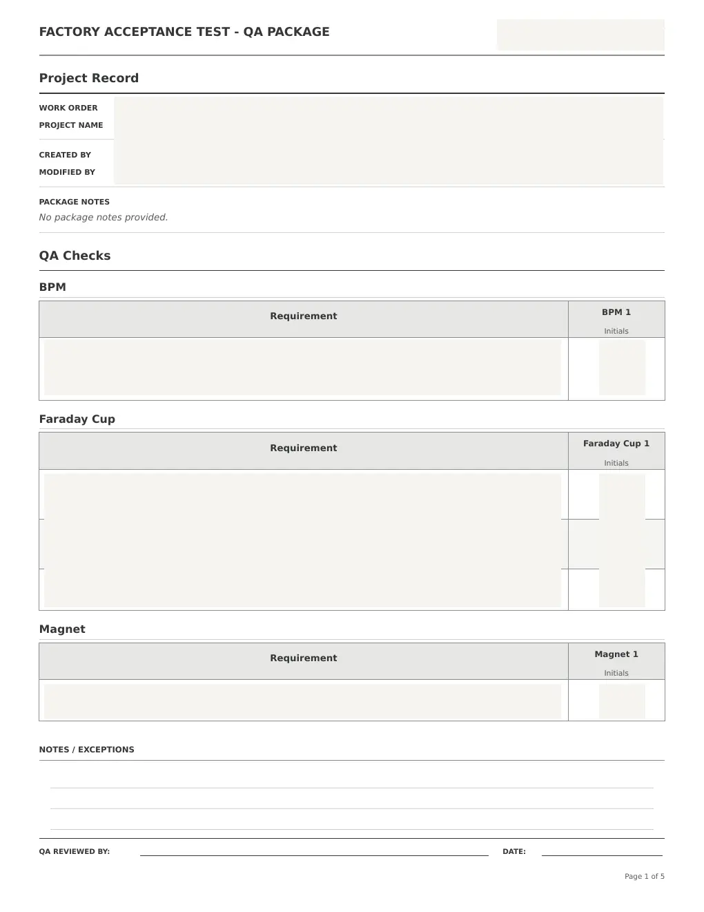 Sanitized F.A.T. generated QA document showing structured page layout