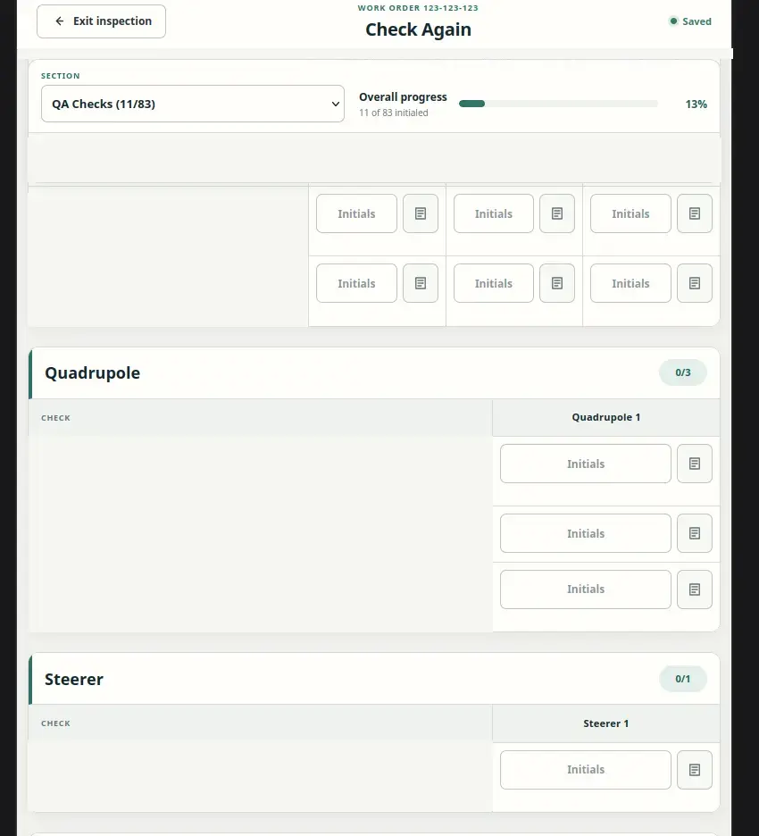 F.A.T. Online inspection form at a tablet-sized viewport